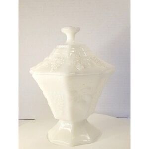 Vintage Anchor Hocking Milk Glass Grape and Leaves Octagon Candy Dish